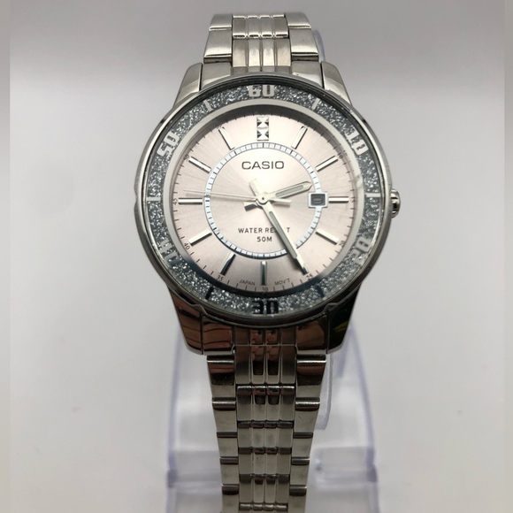 Casio Women’s Watch Silver Bezel (New Battery) Lady Date Glitter Bezel White main image 8